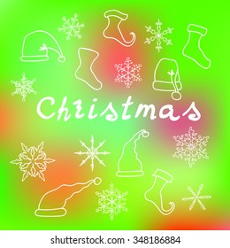 Objects and lettering for a Christmas card.  Blue winter background. Vector snowflakes, stockings, socks, caps Santa.