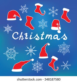 Objects and lettering for a Christmas card.  Blue winter background. Vector snowflakes, stockings, socks, caps Santa.