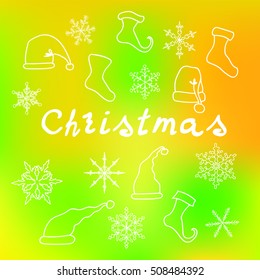 Objects and lettering for a Christmas card.  Blue winter background. Vector snowflakes, stockings, socks, caps Santa.
