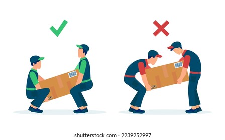 Objects lifting technique concept. Vector of movers workers load heavy boxes safety with correct body ergonomic positions vs wrong posture 