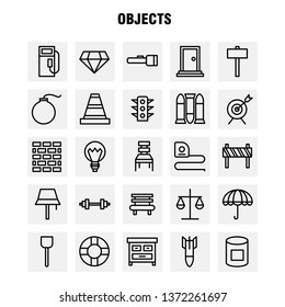 Objects Line Icon Pack For Designers And Developers. Icons Of Bulls Eye, Goal, Target, Object, Bulb, Idea, Light, Vector