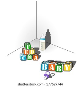 Objects for little kid in the corner of room. Baby's place. Playground for baby. bottle of milk, a pacifier, dummy and dice with shadow. Vector image eps10, isolated on white background
