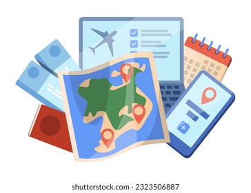 Objects for long term travel planning vector illustration. Map, laptop with airport website, navigation app on smartphone, plane tickets and passport on white background. Travel plan, summer concept