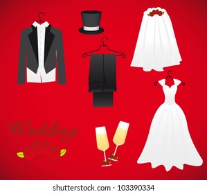 objects of marriage, including: wedding dress, groom dress, champagne glasses, hat, wedding veil