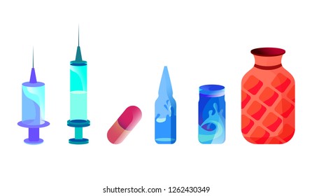 Objects in medicine. Warmer, ampoule, syringe, tablet in capsule.