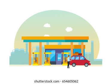 Objects of oil industry. Gas station for cars, appearance and technical equipment, against the backdrop of city streets. Modern vector illustration isolated on white background.