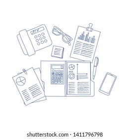 The objects on the work desk. Glasses,pen,mobile phone,calculator etc