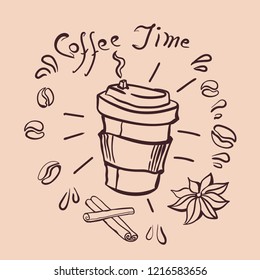 Objects paraphernalia of coffee time such as disposable cup and bean in hand-drawn style