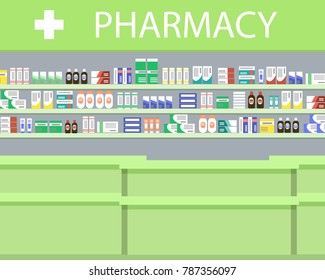 Objects of a pharmacy interior. There is a signboard and shelves with medicines in the picture. Vector illustration.