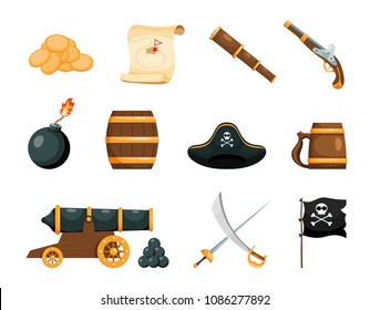 Objects of piracy. Bright objects of the pirate game. Icons on white background. Isolated objects. Vector illustration