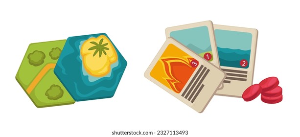 Objects for playing rpg games, isolated cubes and locations or destinations, cards with actions and chips. Entertainment and fun, hobbies and relaxation, fun and resting. Vector in flat styles