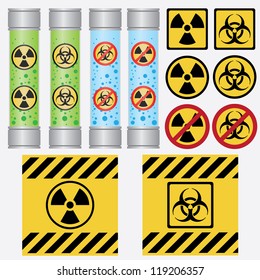 Objects with radioactive and biohazard labels on the white background.