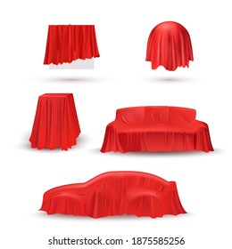 Objects in red cloth drapery set. Silk fabric covering gifts for surprise reveal vector illustration. Hidden car, sofa, table, circle under veil. Mysterious presentation event.