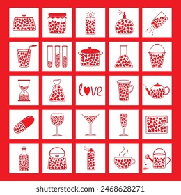 Objects with red hearts inside. Happy Valentines Day square icon set. Love greeting card. Candle Glass Pill Perfume Tea cup Bag Salt shaker Tea Coffee cup Hourglass. Flat design. Red background Vector