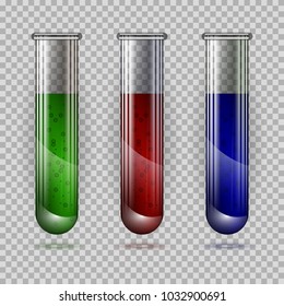 Objects are represented in the form of equipment for a chemical laboratory. Transparent glass tubes with a chemical reagent or a solution of green, red and blue with bubbles.