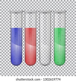 Objects are represented in the form of equipment for a chemical laboratory. Transparent glass tubes with a chemical reagent  with bubbles.