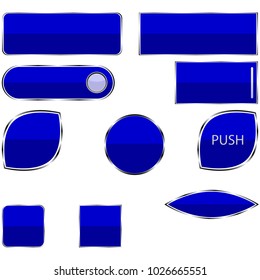 The objects are represented in the form of a set of buttons for a blue site in a metal frame, the buttons are a ball, an inscription to push and a white rectangle.