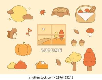 Objects representing autumn are arranged around the window. flat design style vector illustration.