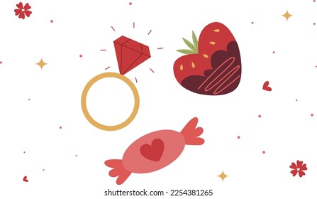 Objetos para Sand Valentine. Anillos dibujados a mano, corazón, caramelos.
