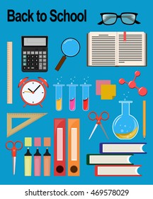 Objects for school. Back to study. Set of flat icons. Vector Illustrations. Light blue background