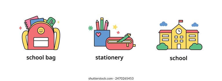 Objects for school education. School bag, pencil case and school building. outline simple vector illustration.