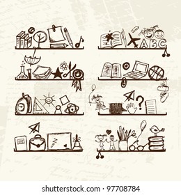 Objects for school on shelves, sketch drawing for your design