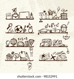 Objects for school on shelves, sketch drawing for your design