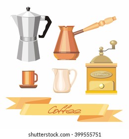 Objects set with lettering, ribbon, coffee pot, coffee cup, coffee mill and coffee maker on white background. Vector illustration. 
