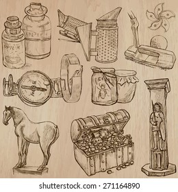 OBJECTS (set no.10) - Collection of an hand drawn vector illustrations. Each drawing comprise a few layers of lines, the colored background is isolated. Easy editable.