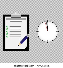 Objects are shown in the form of a black tablet with a metal clip on which a sheet of paper is located. Some cases are marked with a signed sign. Near the object in the form of a clock and a pencil.