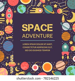 Objects of space. Symbols and design elements, spaceships, planets, stars, rocket sun satellite