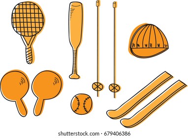 Objects sport equipment. Set of sport elements in orange.