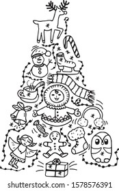 
Objects and symbols of the new year, shaped like a Christmas tree. Simple black  and white objects in the doodle art style . Vector illustration.