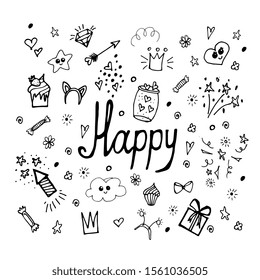 Objects and symbols on the Party element. Hand drawing Doodle, background vector. Cloud, gift, ears, cupcake, fireworks, joy and fun. Decorative element. Isolated vector