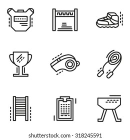 Objects and symbols for physical culture. Simple line vector icons set. Sports exercise, sport equipment and accessories.  Web design elements for business.