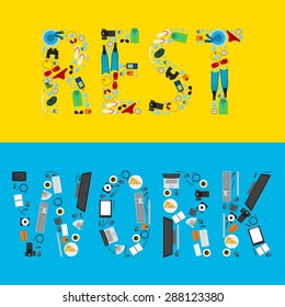 Objects that modern people use on work and during rest arranged in the form of words. Bright  illustration in trendy flat style for use in design card, poster, banner, placard, billboard