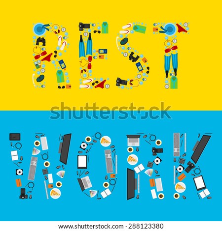 Objects that modern people use on work and during rest arranged in the form of words. Bright  illustration in trendy flat style for use in design card, poster, banner, placard, billboard