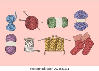 Objects and tools for knitting concept. Set of colorful wool threads needles for knitting hobby and red knit socks over pink background vector illustration 