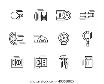 Objects and tools for measurement a variety of physical and mechanical quantities. Metrology and engineering.  Collection of black simple line style vector icons. Elements for web design and mobile.