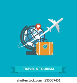 Objects of tourism and travel in the flat design. Tourism concept image.Holidays and vacation.Sea, ocean, land, air travelling. Vector Illustration.