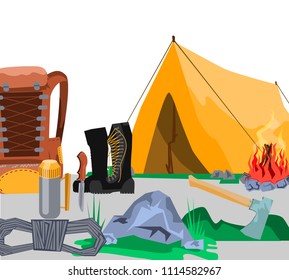 Objects for Travel, Adventures, Trekking: Camping, Tent, Bonfire, Boots, Backpack, Knife, Ax, Rope. Colorful hand drawn vector stock illustration. 