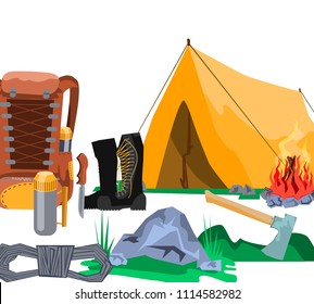 Objects for Travel, Adventures, Trekking: Camping, Tent, Bonfire, Boots, Backpack, Knife, Ax, Rope. Colorful hand drawn vector stock illustration. 