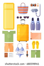 Objects for traveling. Summer vacation, tourism and journey. Beach rest. Hand luggage and suitcase.