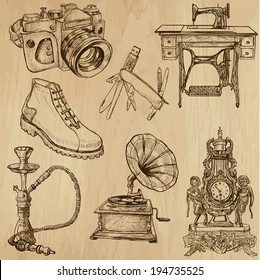 Objects (vector pack no.2). Collection of an hand drawn illustrations (originals). Each drawing comprises of two layers of outlines, the colored background is isolated.