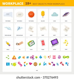 Objects for your  workplace: different text bubbles, balloon, cloud, book, paper plane, white sheet of paper, pencil, tag, clock, phone, notebook, coins, abstract symbols. Flat illustration set.