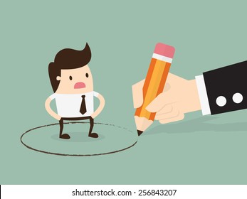 Obligation, Big hand draw a circle around young businessman. Business concept illustration.