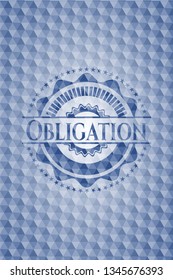 Obligation blue badge with geometric pattern.