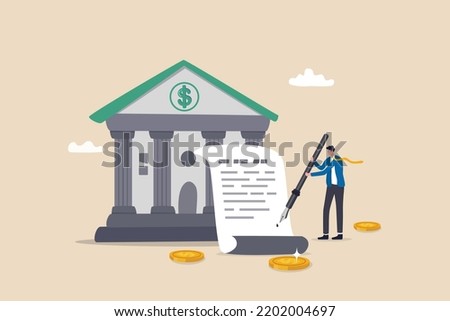 Obligation, debt or bank loan responsible to pay back with interest rate, legal money credit or borrowing document with signature concept, businessman signing signature on obligation banking document.