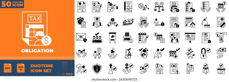 Obrigação Duotone Ícones editáveis definidos. Ilustração vetorial em estilo duotônico fino moderno de ícones de obrigação: lei, arrendamento, regulamentação, termos, etc