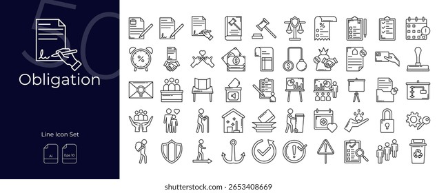 Conjunto de iconos editables de línea de obligación. Ilustración vectorial en estilo de línea delgada moderna de iconos de obligación: obligación, retorno, impuesto, núcleo, valor, etc
